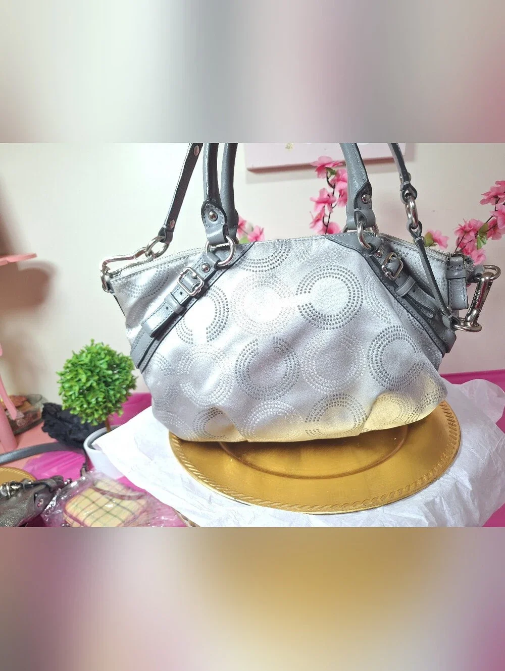 Coach Metallic Silver Signature Circle Shoulder Bag